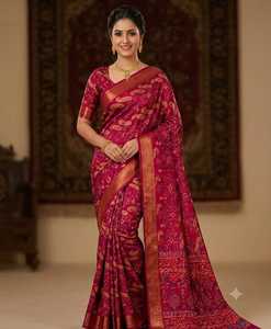 Traditional Indian MYSORE CREPE <b>Saree</b> Women <b>Red</b> With Zari Border Floor Length Regular Fit All Seasons - Product Image 1