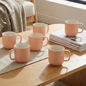Misty Rose Ribbed New Bone China Ceramic Mug <b>Set</b> of 6 <b>Microwave</b> Safe Glazed Milk Mugs with Tray PC Material - Product Image 4