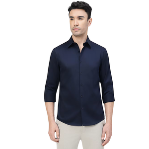 Chemise à col ouvert pour homme en coton riche, unie et élégante – Tissu doux et respirant, coupe classique, manches longues, boutonnée, élégante - Product Image 1