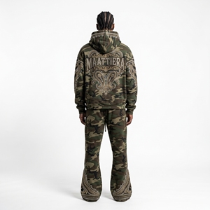 Mens <b>Camouflage</b> Hoodie Tracksuit <b>Cargo</b> <b>Pants</b> Rhinestone Leaf Embroidery Custom Streetwear Sportswear Matching Set - Product Image 6