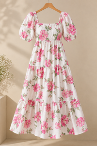Sweet Floral Print A-Line Midi <b>Dress</b> With Square Neck Cap Sleeve <b>Elastic</b> <b>Waist</b> Loose Fit Breathable Woven Summer Casual <b>Dress</b> - Product Image 4