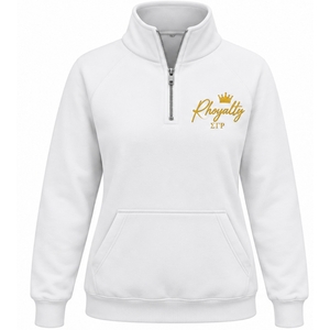 Sudadera blanca con media cremallera para mujer Sigma Gamma Rho, con letras griegas personalizadas, estilo universitario, informal, para hermandades. - Product Image 1