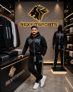 ชุดวอร์มผู้ชายสีดำ REXFIT SPORTS ลายพิมพ์เพชรแบบสกรีน ชุดกีฬาแบบกำหนดเอง เสื้อฮู้ดดี้และกางเกงจ็อกเกอร์ - Product Image 3