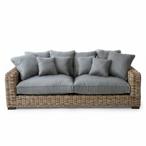 Sofá Saint Martinez de Madera de Caoba con Tejido de Ratán Kuboo Gris y Tela Gris, Sofás de Gran Tamaño, Muebles de Patio de Primera Calidad - Product Image 1