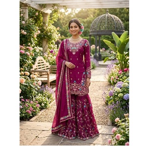ชุดเดรส Anarkali Kurta Sharara Dupatta ผ้าไหม JMC ดีไซน์เนอร์ ตกแต่งด้วยงานปักดิ้น ลูกปัด และริเวทอย่างประณีต เหมาะสำหรับงานเทศกาล - Product Image 1
