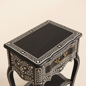 <b>Vintage</b> Bone Inlay Black <b>Bedside</b> <b>Table</b> 1 Drawer with Shelf Floral Handmade Nightstand Unique Furniture <b>Bedside</b> for Bedroom - Product Image 3