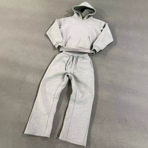 Custom Blank Acid Wash Sweat Suits Two Piece Grey Jogging Suit Women Contrast Stitch Straight Leg Baggy Sweatpants Hoodie <b>Badge</b> - Product Image 5