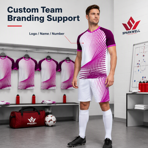 Ensemble de maillots de football pour hommes, rouge et blanc à pois, sublimé, col en V, manches courtes, respirant, séchage rapide, 100% coton, taille élastique, athlétique - Product Image 6