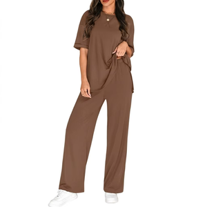 Ensemble deux pièces d'été personnalisé rose uni en velours côtelé 100% coton, séchage rapide, respirant, grande taille, tenue décontractée, tailles XS-5XL, MOQ - Product Image 4