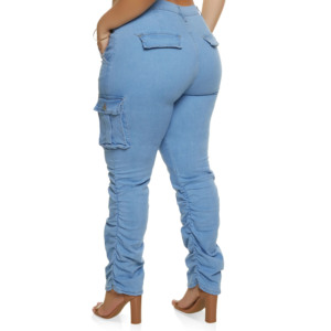 Jeans Cargo Azul Claro de Cintura Alta para Mujer Talla Grande, con Bolsillos, Cierre de Botones, Estilo Casual, Corte Regular, para Primavera - Product Image 4