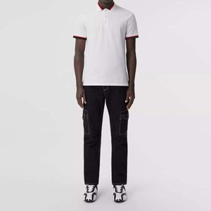 Polo à manches courtes blanc pour homme avec col et poignets à bordure rouge, coupe classique, décontracté, en coton piqué, couleur unie - Product Image 3