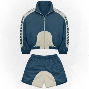 Lightweight 120 GSM Nylon Windbreaker Shorts Set <b>Grey</b> Black Contrast Panels Custom Logo Outfit plus size - Product Image 2