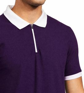 Polo à manches courtes pour homme, couleur unie violette, avec col et poignets blancs, style décontracté tricoté, longueur normale - Product Image 3