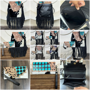 Sac bandoulière en cuir de vachette véritable fait main avec franges et motif à carreaux, assorti à une pochette pour femme, élégant sac à main – Collection March Expo - Product Image 3