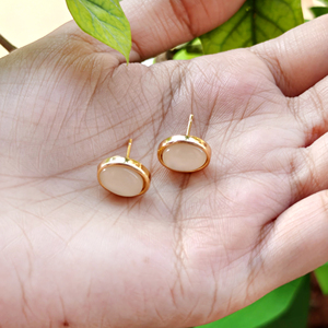 Elegant oval pearl bezel setting stud <b>earrings</b> handmade 18k gold plated brass minimalist push <b>back</b> jewelry for women gift - Product Image 5
