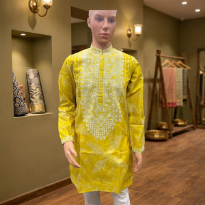 Kurta jaune brodé pour homme, style traditionnel indien et pakistanais, pour mariage et occasions festives - Product Image 1