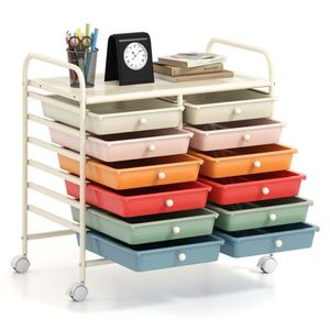 Carrello Portaoggetti a 2 File e 10 Piani con 12 Cassetti, Multicolore, in Metallo, 4 Ruote (2 con Freno), Pieghevole, Stile Macaron, per Bagno e Cucina - Product Image 1