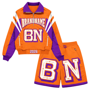 Custom Brand Name Men's Sporty Streetwear Tracksuit Set Orange Purple Quarter-Zip Jacket Shorts Woven Satin Spring Windbreaker - Product Image 1