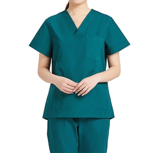 Women's Coral V-Neck <b>Scrub</b> <b>Set</b> With Pockets Knitted Cotton Polyester Hospital Uniforms Short Sleeve Pants - Product Image 1