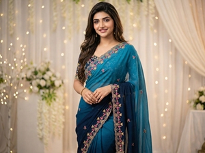 Sari de Seda Bordado Azul Turquesa AARA Fashion con Diseño Floral para Mujer, Estilo Tradicional de Boda de India y Pakistán - Product Image 3