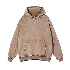 เสื้อฮู้ดดี้สีกากีทรงโอเวอร์ไซส์ ผ้าฟลีซวินเทจ ล้างสีแบบแอซิดวอช ทรงหลวมไหล่ตก มีกระเป๋าจิงโจ้ แต่งดีเทลขาดๆ สไตล์สตรีทแวร์ - Product Image 1