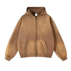 เสื้อฮู้ดดี้ผู้ชายสีพื้นแบบใหม่ แฟชั่นสั่งทำพิเศษ เนื้อผ้าหนา คุณภาพสูง ทรงโอเวอร์ไซส์ ไหล่ตก ซิปหน้า ล้างสีแบบ Acid Wash - Product Image 5