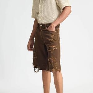 Pantalones Cortos de Mezclilla Desgastados Personalizados para Hombre, Estilo Vintage con Diamantes, Lavado Ácido, Dobladillo sin Rematar y Diseño con Pedrería, Estilo Urbano - Product Image 3