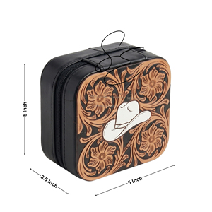 Estuche de Joyería de Cuero Repujado con Diseño Floral Occidental y Cierre de Cremallera, Diseño de Sombrero Vaquero, Organizador Portátil y Duradero, Estilo Vintage para Mujer - Product Image 3