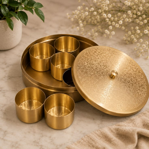 Boîte à épices ronde extensible en laiton, faite à la main, style indien, avec compartiments de rangement, organisateur de cuisine, cadeau, fournisseur en gros - Product Image 5
