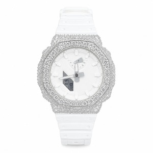 Reloj Analógico-Digital de Lujo para Mujer con Bisel de Diamantes de Imitación, Correa de Silicona Blanca, Caja Poligonal, Movimiento de Cuarzo de Acero Inoxidable - Product Image 1