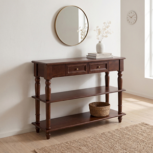 Console étroite vintage en chêne massif brun avec tiroirs, pieds et étagères inférieures pour entrée et salon - Meubles MT - Product Image 5
