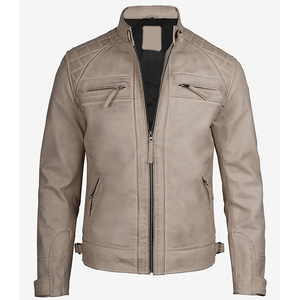 OEM 2026 Best Selling Beige Cowhide Leather <b>Jacket</b> Men's Stand Collar <b>Zipper</b> <b>Pockets</b> 100% High Quality Low MOQ Fashion <b>Jackets</b> - Product Image 4