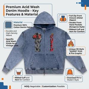 Sudadera con capucha de mezclilla para hombre con cremallera completa, estampado de grafiti, corte holgado, con bolsillos, para invierno, 330 gramos - Product Image 5