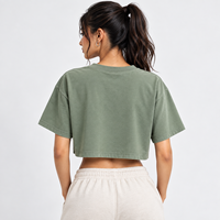 Kaos Wanita Hijau Zaitun Lucu Slim Fit Crop Top Lengan Pendek Kerah Bulat Bahan Jersey 100% Katun untuk Musim Semi dan Musim Panas
