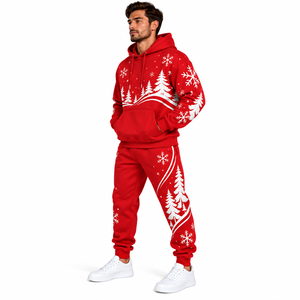Conjunto de Sudadera con Capucha y Pantalones Deportivos Rojos Navideños para Hombre con Copos de Nieve Blancos y Pinos, Trajes Deportivos de Invierno - Product Image 4