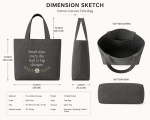 Bolsa de Lona con Frase Bordada y Diseño Floral, Estilo Minimalista Gris, Cierre Personalizado para Viajes y Compras - Product Image 2