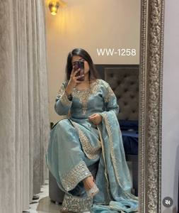 Elegant Blue Silk Salwar Kameez With Embroidered Dupatta Traditional Women's <b>Wedding</b> Wear India Pakistan - Product Image 2