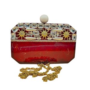 Elegant Evening Clutch Purse, Resin with Crystal and Pearl Embellishments, Gold <b>Flower</b> Clasp - Product Image 1