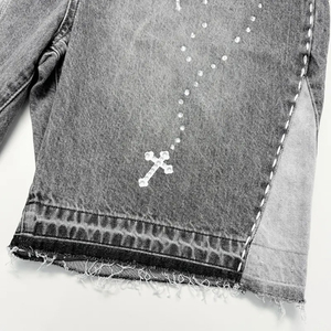 Shorts en jean délavé personnalisé avec logo pour homme, 100 % coton, denim épais tricoté, coupe ample et décontractée - Product Image 2