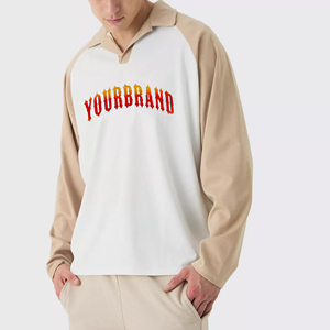 เสื้อโปโลแขนยาวผู้ชายสีบล็อก OEM ผ้าฝ้าย 100% ทรงหลวม สกรีนโลโก้พิมพ์นูน 3 มิติ แบบกำหนดเองสำหรับผู้ชาย - Product Image 1