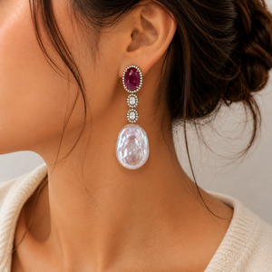 Luxury Baroque Mother Pearl <b>Drop</b> <b>Earrings</b> Natural <b>Red</b> Sapphire Polki Diamond CZ Long Dangle Minimalist 925 Silver Rhodium - Product Image 3