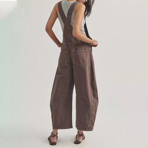 Custom Logo <b>Women's</b> Washed Solid Color Denim <b>Dungarees</b> Wide Leg Bib Overall Casual Loose Fit Jeans Jumpsuit - Product Image 3
