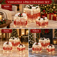 Ensemble de 3 boîtes cadeaux de Noël en métal écologiques avec LED blanc chaud et nœud en peluche pour la décoration de la maison, du porche et des fêtes