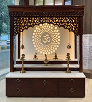 Mandir en bois de teck au design Om effet marbre pour la maison, design moderne, taille personnalisée, armoire de salle de prière, temple finition foncée avec 3 marches