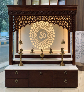 Marble Look Om Design Teak Wood <b>Mandir</b> for Home Modern Design Customized Size Pooja Room Cabinet Dark Polish Temple with 3 Steps - Product Image 2