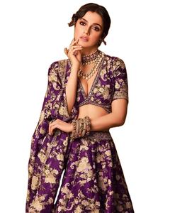 Présentation du nouveau designer imprimé soie violet Lehenga Choli broderie miroir travail avec Dupatta Lehenga Choli pour les femmes mariage - Product Image 1