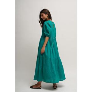Robe longue trapèze verte de haute qualité, col rond, manches courtes, en lin superposé, couleur unie, confortable pour femme, vente en gros - Product Image 4