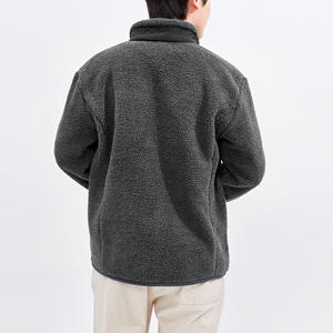 Men's <b>Fleece</b> Jacket Solid Color Stand Collar <b>Zipper</b> Closure Casual Winter Wear Polyester/Cotton Material Regular Fit Embroidery - Product Image 2