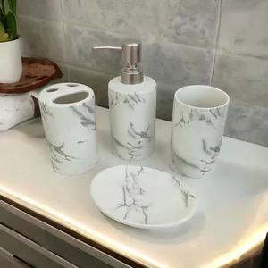 Juego de Baño de Gres con Patrón de Mármol Blanco Más Vendido, Dispensador de Jabón y Juego de Almacenamiento para Lavado, Asequible a Bajo Precio - Product Image 1