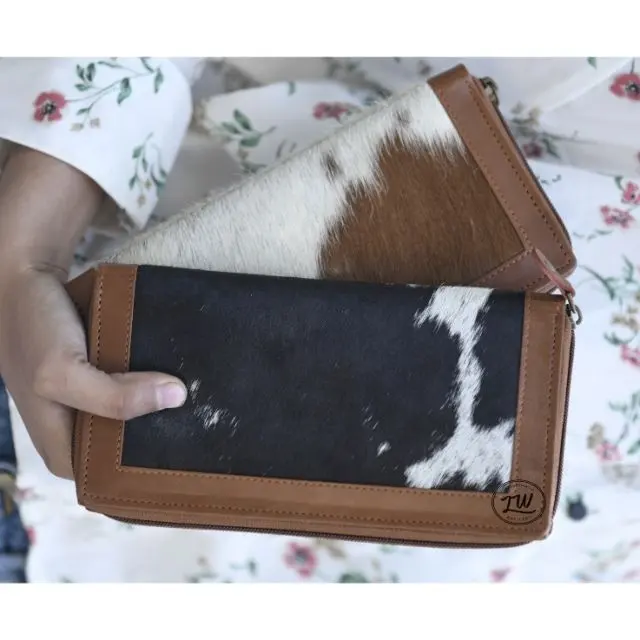 LW High Quality Handmade Cowhide Leather Clutch Hair On Purse Wallet Women Clutch Stylish Clutch